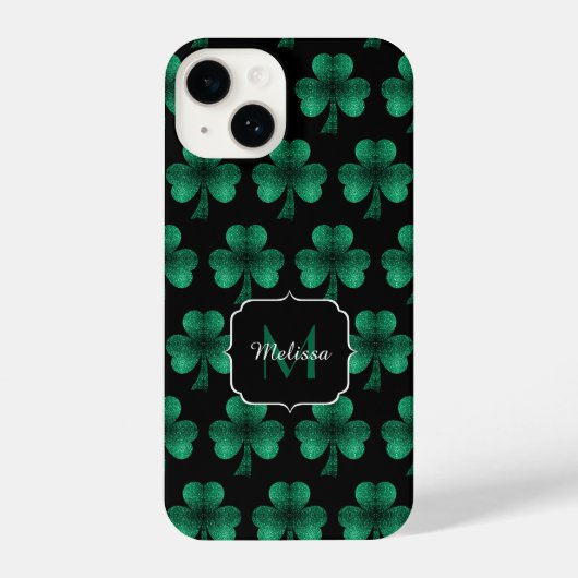 Emerald Green Sparkle Shamrock Black Monogram iPhone Hoesje (Achterkant)