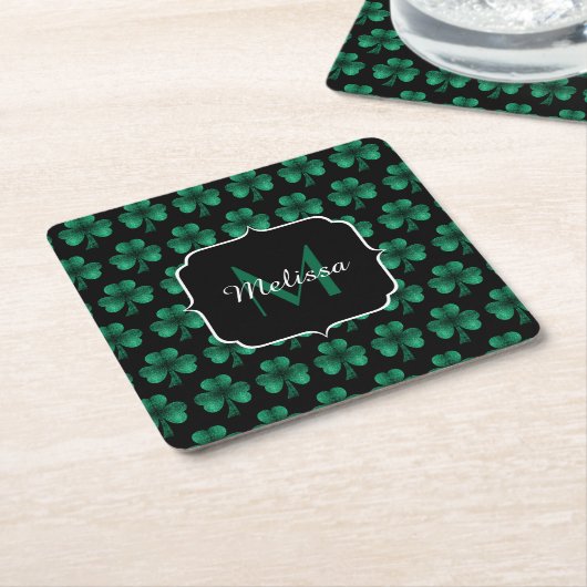 Emerald Green Sparkle Shamrock Black Monogram Kartonnen Onderzetters (Schuin)