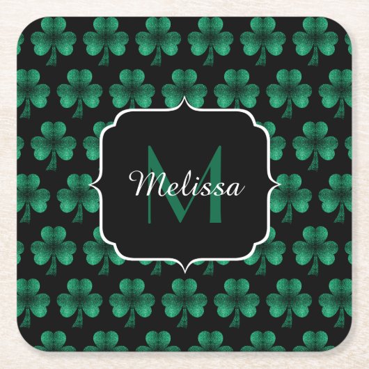 Emerald Green Sparkle Shamrock Black Monogram Kartonnen Onderzetters (Voorkant)