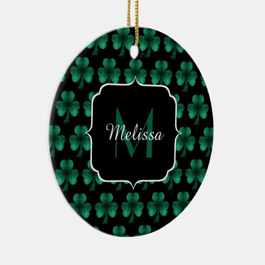 Emerald Green Sparkle Shamrock Black Monogram Keramisch Ornament (Rechts)