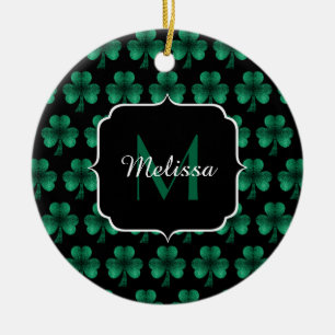 Emerald Green Sparkle Shamrock Black Monogram Keramisch Ornament