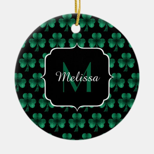 Emerald Green Sparkle Shamrock Black Monogram Keramisch Ornament (Voorkant)