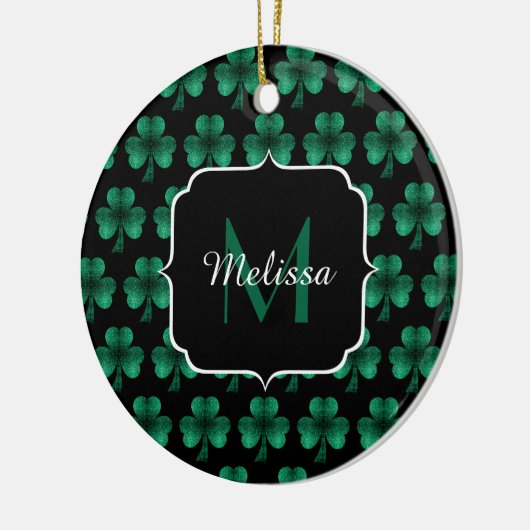 Emerald Green Sparkle Shamrock Black Monogram Keramisch Ornament (Links)