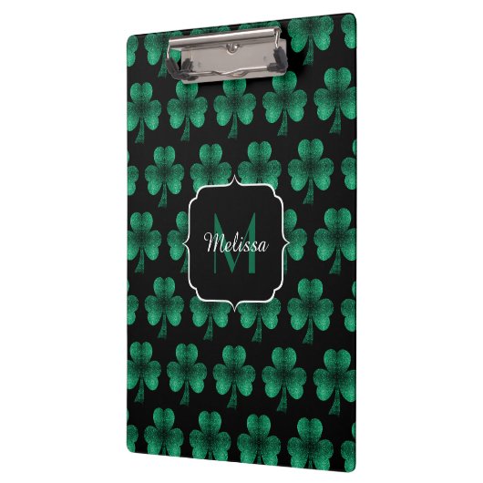 Emerald Green Sparkle Shamrock Black Monogram Klembord (Links)