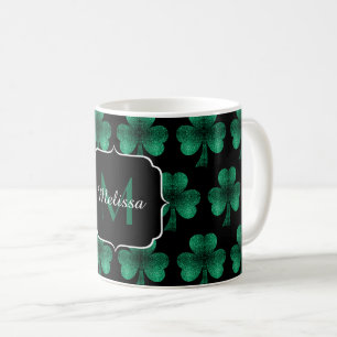 Emerald Green Sparkle Shamrock Black Monogram Koffiemok