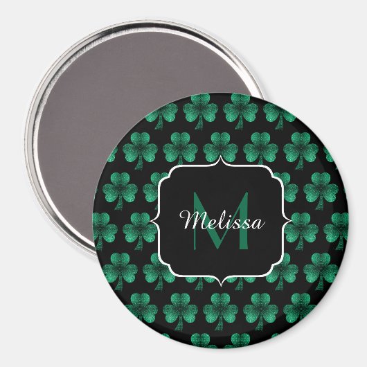 Emerald Green Sparkle Shamrock Black Monogram Magneet (Voorkant / Achterkant)