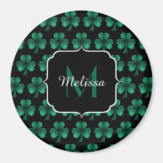 Emerald Green Sparkle Shamrock Black Monogram Magneet (Voorkant)