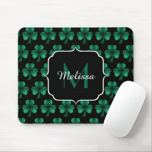Emerald Green Sparkle Shamrock Black Monogram Muismat