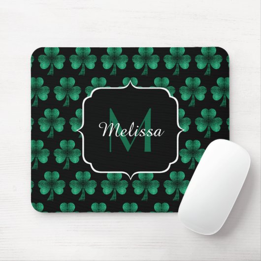 Emerald Green Sparkle Shamrock Black Monogram Muismat (Met muis)