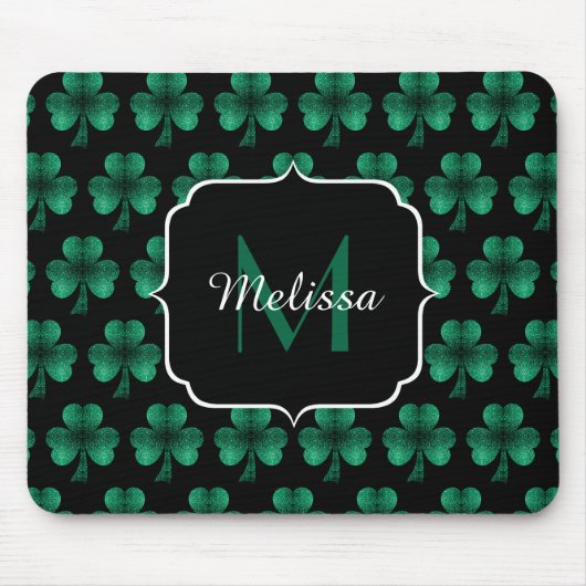 Emerald Green Sparkle Shamrock Black Monogram Muismat (Voorkant)