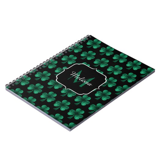 Emerald Green Sparkle Shamrock Black Monogram Notitieboek (Linkerzijde)