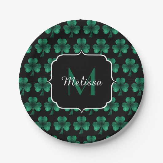 Emerald Green Sparkle Shamrock Black Monogram Papieren Bordje (Voorkant)