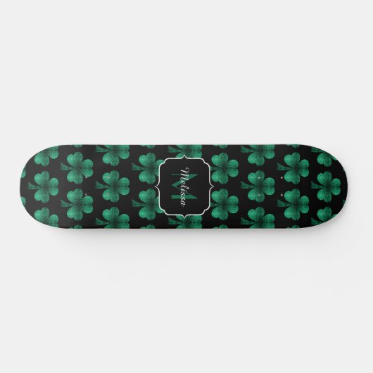 Emerald Green Sparkle Shamrock Black Monogram Persoonlijk Skateboard (Horizontaal)