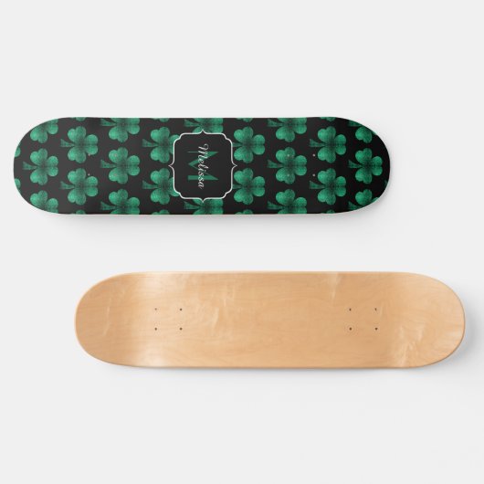 Emerald Green Sparkle Shamrock Black Monogram Persoonlijk Skateboard (Horizontaal)