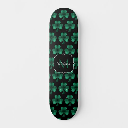 Emerald Green Sparkle Shamrock Black Monogram Persoonlijk Skateboard (Voorkant)