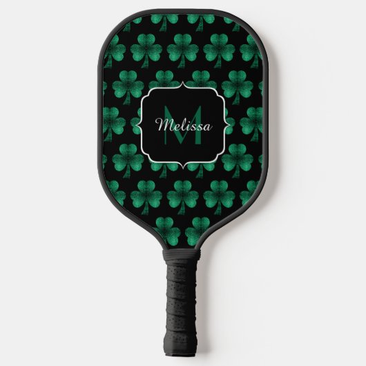 Emerald Green Sparkle Shamrock Black Monogram Pickleball Paddle (Achterkant)