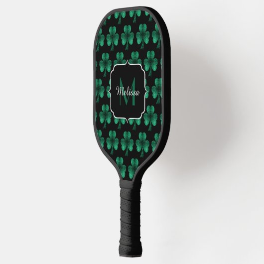 Emerald Green Sparkle Shamrock Black Monogram Pickleball Paddle (Links)