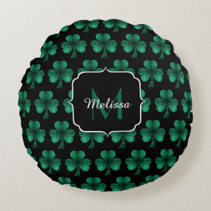 Emerald Green Sparkle Shamrock Black Monogram Rond Kussen