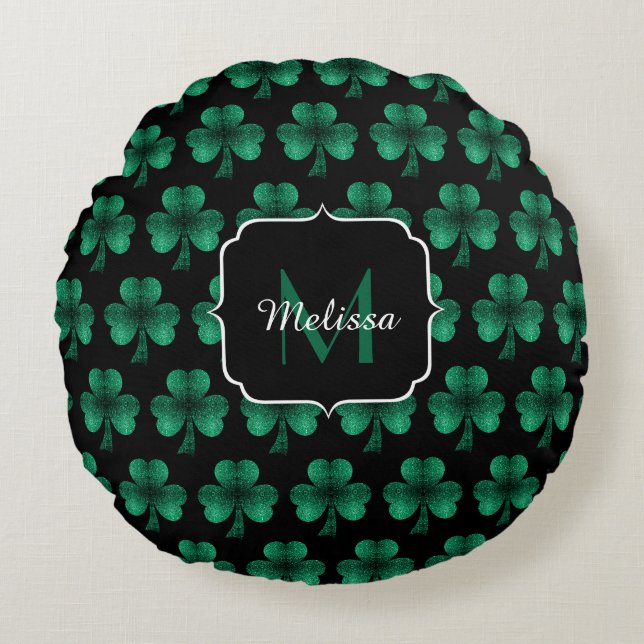 Emerald Green Sparkle Shamrock Black Monogram Rond Kussen (Voorkant)