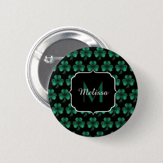 Emerald Green Sparkle Shamrock Black Monogram Ronde Button 5,7 Cm (Voorkant /achterkant)