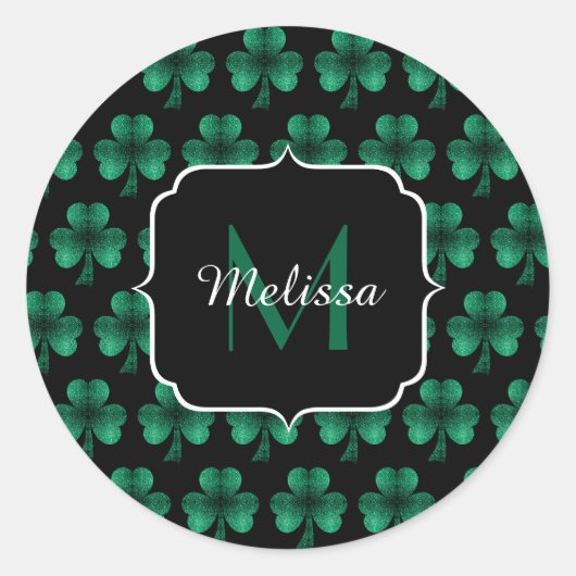 Emerald Green Sparkle Shamrock Black Monogram Ronde Sticker (Voorkant)
