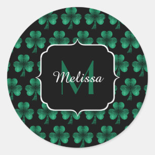 Emerald Green Sparkle Shamrock Black Monogram Ronde Sticker