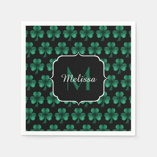 Emerald Green Sparkle Shamrock Black Monogram Servet (Voorkant)