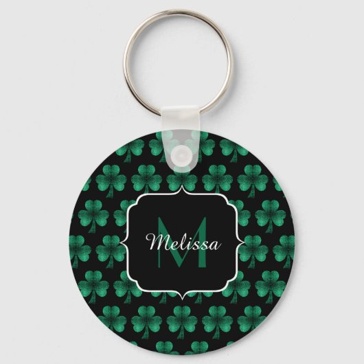 Emerald Green Sparkle Shamrock Black Monogram Sleutelhanger (Voorkant)