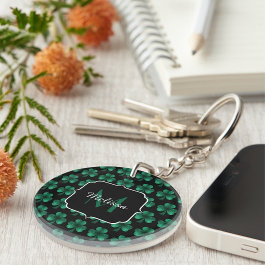 Emerald Green Sparkle Shamrock Black Monogram Sleutelhanger (Voorkant Rechts)