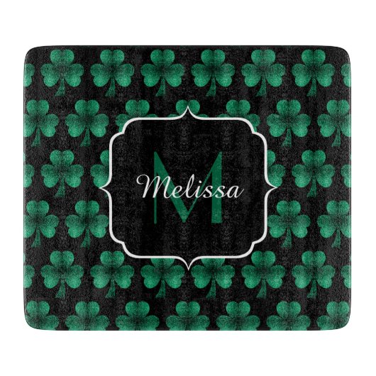Emerald Green Sparkle Shamrock Black Monogram Snijplank (Voorkant)