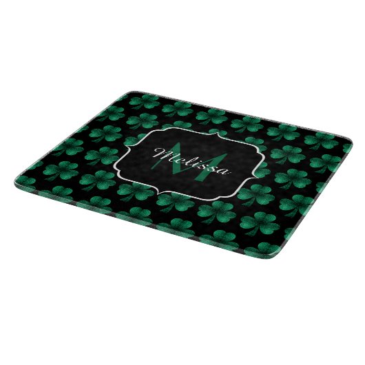 Emerald Green Sparkle Shamrock Black Monogram Snijplank (Hoek)