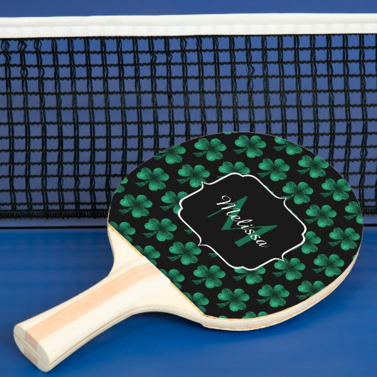 Emerald Green Sparkle Shamrock Black Monogram Tafeltennisbatje (Insitu)