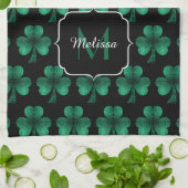 Emerald Green Sparkle Shamrock Black Monogram Theedoek (Gevouwen)