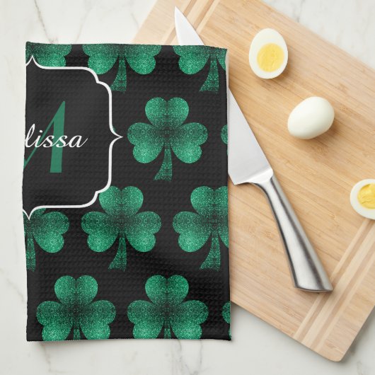 Emerald Green Sparkle Shamrock Black Monogram Theedoek (Quarter Fold)