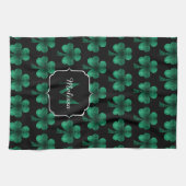 Emerald Green Sparkle Shamrock Black Monogram Theedoek (Horizontaal)