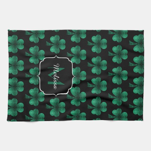 Emerald Green Sparkle Shamrock Black Monogram Theedoek (Horizontaal)