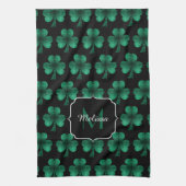 Emerald Green Sparkle Shamrock Black Monogram Theedoek (Verticaal)