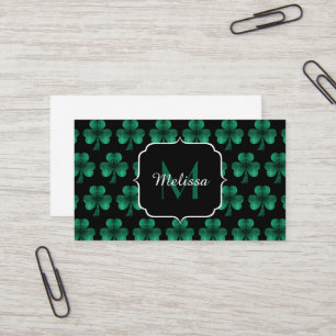 Emerald Green Sparkle Shamrock Black Monogram Visitekaartje
