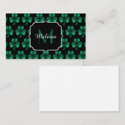 Emerald Green Sparkle Shamrock Black Monogram Visitekaartje (Voorkant / Achterkant)
