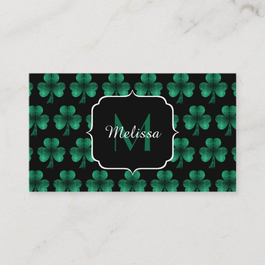 Emerald Green Sparkle Shamrock Black Monogram Visitekaartje (Voorkant)