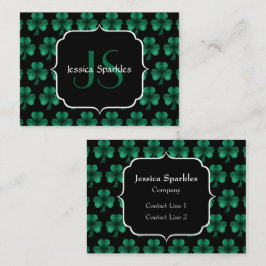 Emerald Green Sparkle Shamrock Black Monogram Visitekaartje