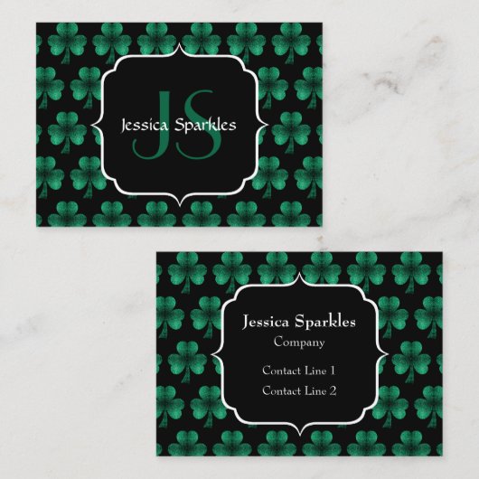 Emerald Green Sparkle Shamrock Black Monogram Visitekaartje (Voorkant / Achterkant)