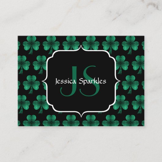 Emerald Green Sparkle Shamrock Black Monogram Visitekaartje (Voorkant)