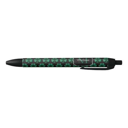 Emerald Green Sparkle Shamrock Black Monogram Zwarte Inkt Pen (Bodem)