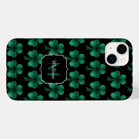 Emerald Green Sparkles Shamrock Black Monogram Case-Mate iPhone Case (Achterkant (horizontaal))
