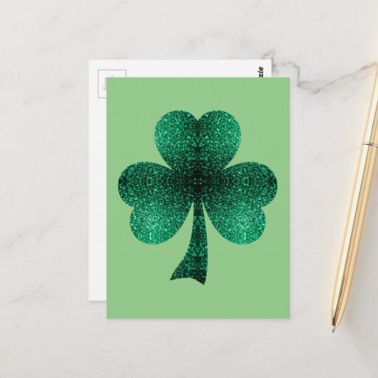 Emerald Green Sparkles Shamrock Klaver Briefkaart (Voorkant / Achterkant in situ)