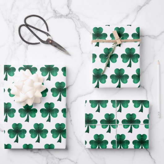 Emerald Green Sparkles Shamrock patroon wit Inpakpapier Vel (Voorkant)