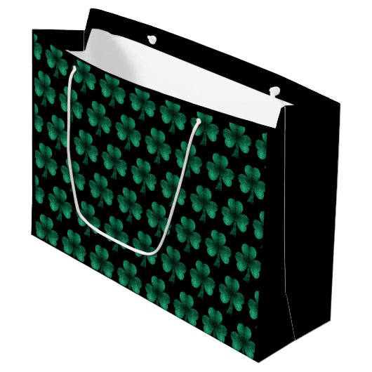 Emerald Green Sparkles Shamrock patroon zwart Groot Cadeauzakje (Voorkant Gekanteld)