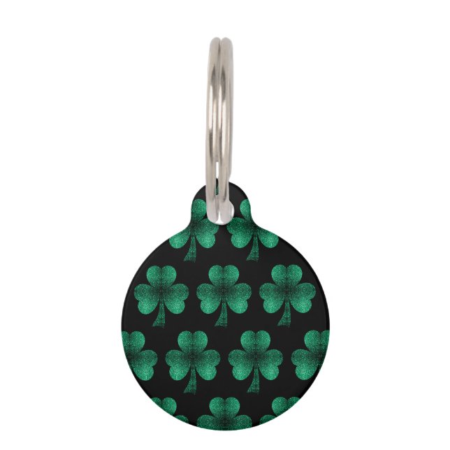 Emerald Green Sparkles Shamrock patroon zwart Huisdierpenning (Voorkant)
