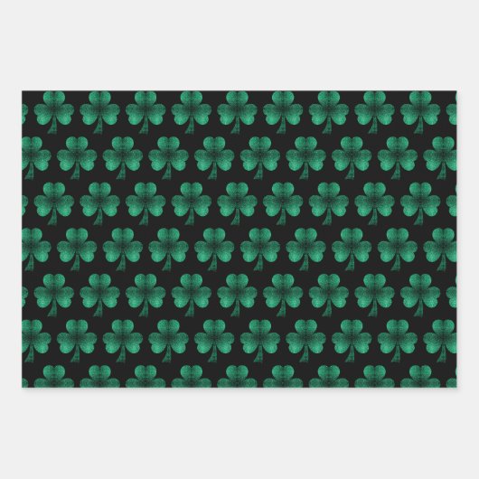 Emerald Green Sparkles Shamrock patroon zwart Inpakpapier Vel (Voorkant)
